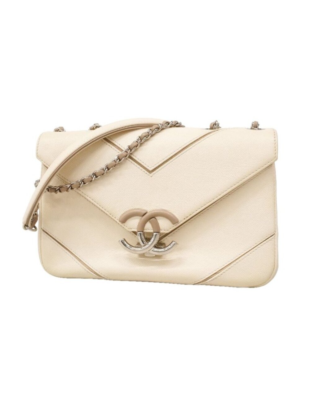 Chanel Shoulder Bag Chevron Caviar Leather White Beige Silver